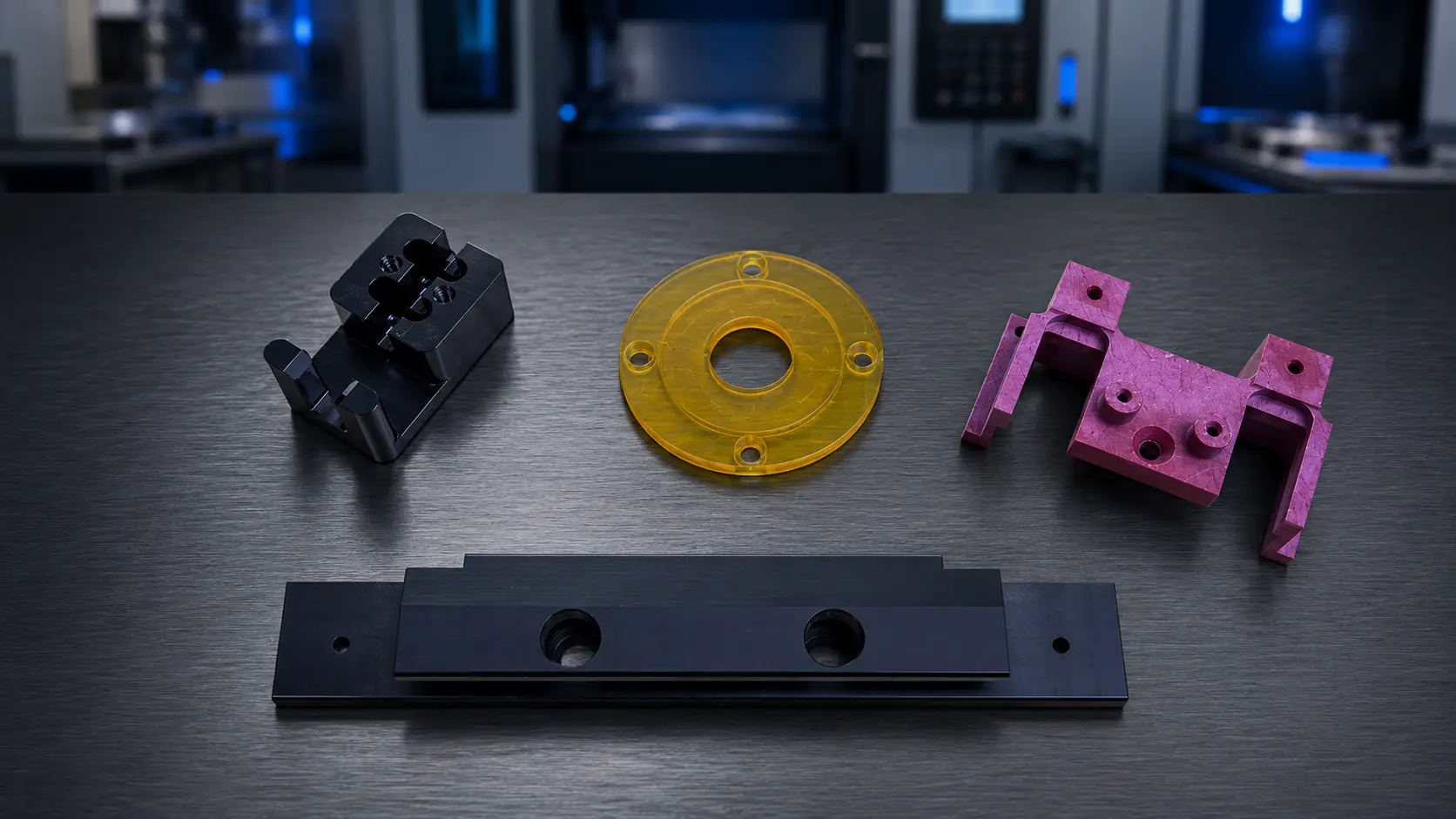 Machined black, yellow, and purple polymer components